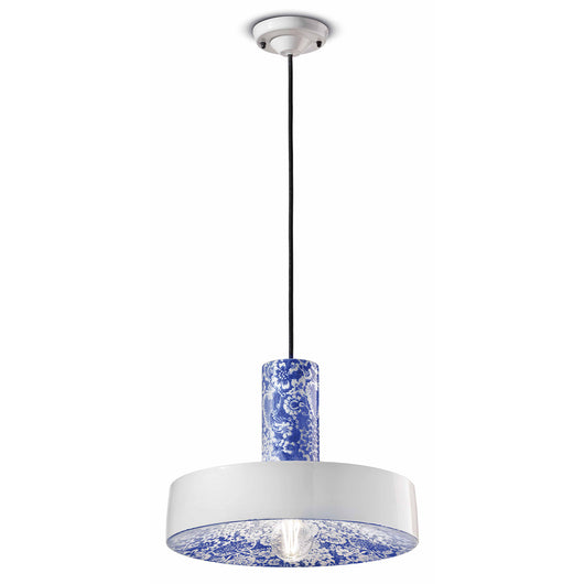 Sospensione Grande Vintage Decò Pi Ceramica Ming Blu 1 Luce E27