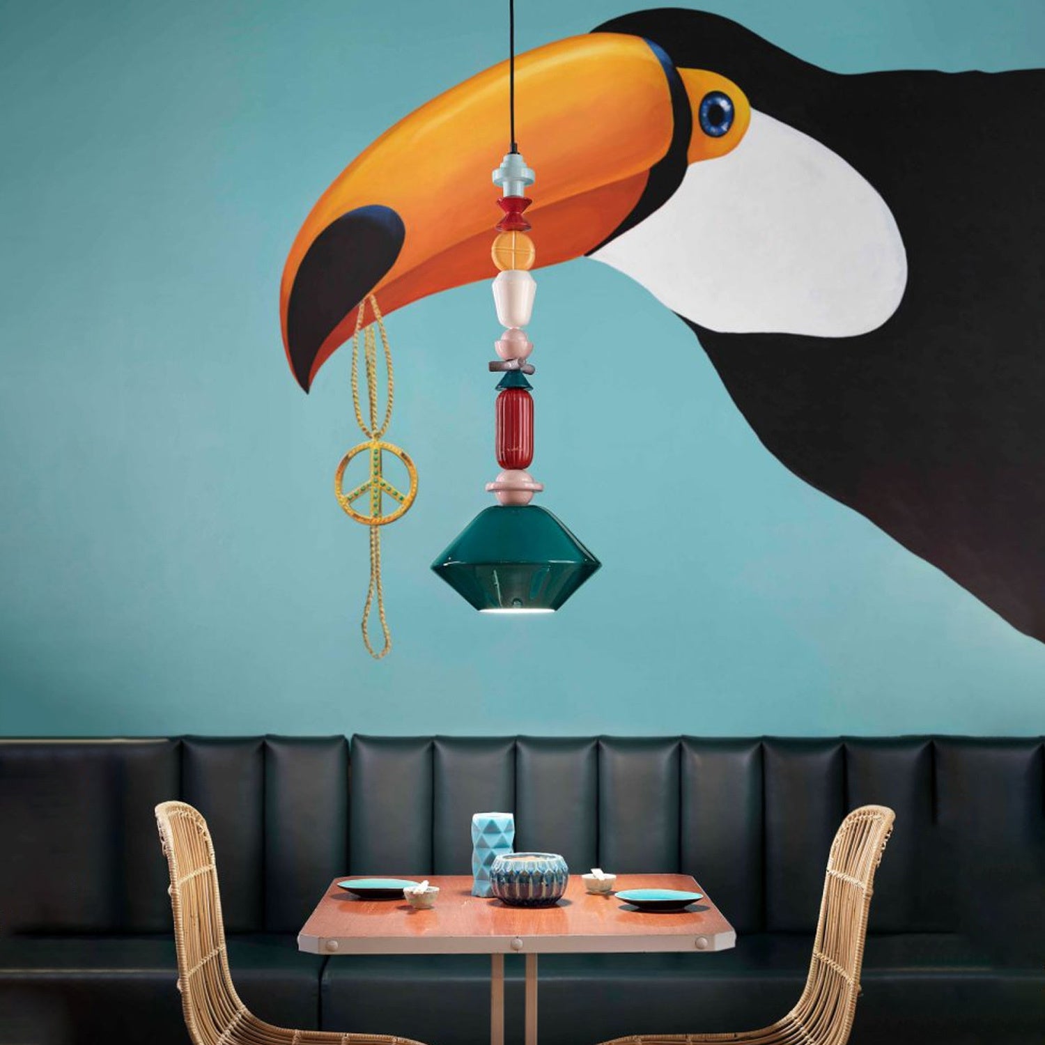 Sospensione Grande Vintage Decò Lariat Ceramica Verde Petrolio 1 Luce E27