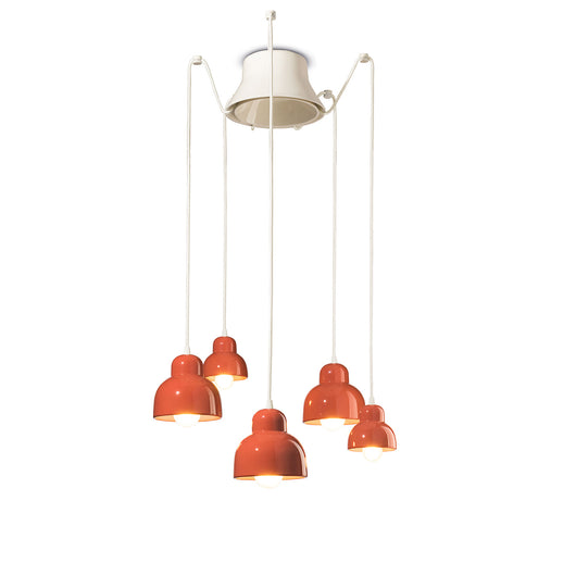 Lampadario Vintage Decò Berimbau Ceramica Arancio Pokè 3 Luci E27