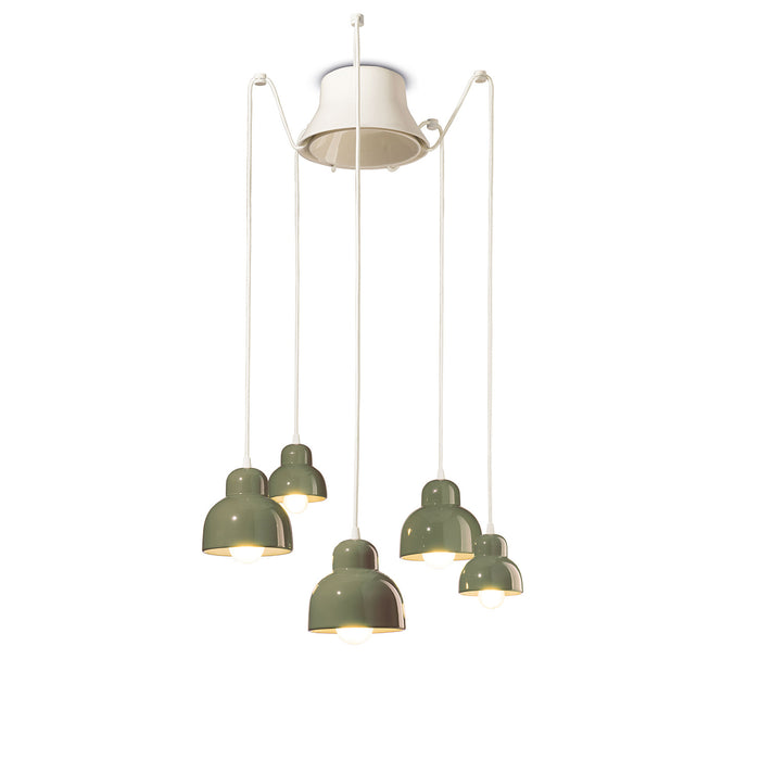 Lampadario Vintage Decò Berimbau Ceramica Verde Salvia 3 Luci E27