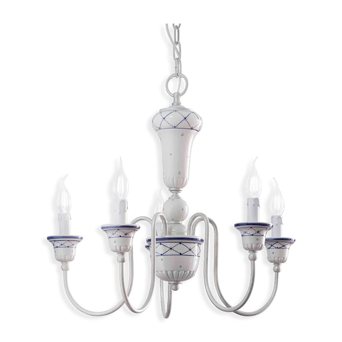 Lampadario Classico Sanremo Metallo E Ceramica Bianco Filo Blu 5 Luci E14