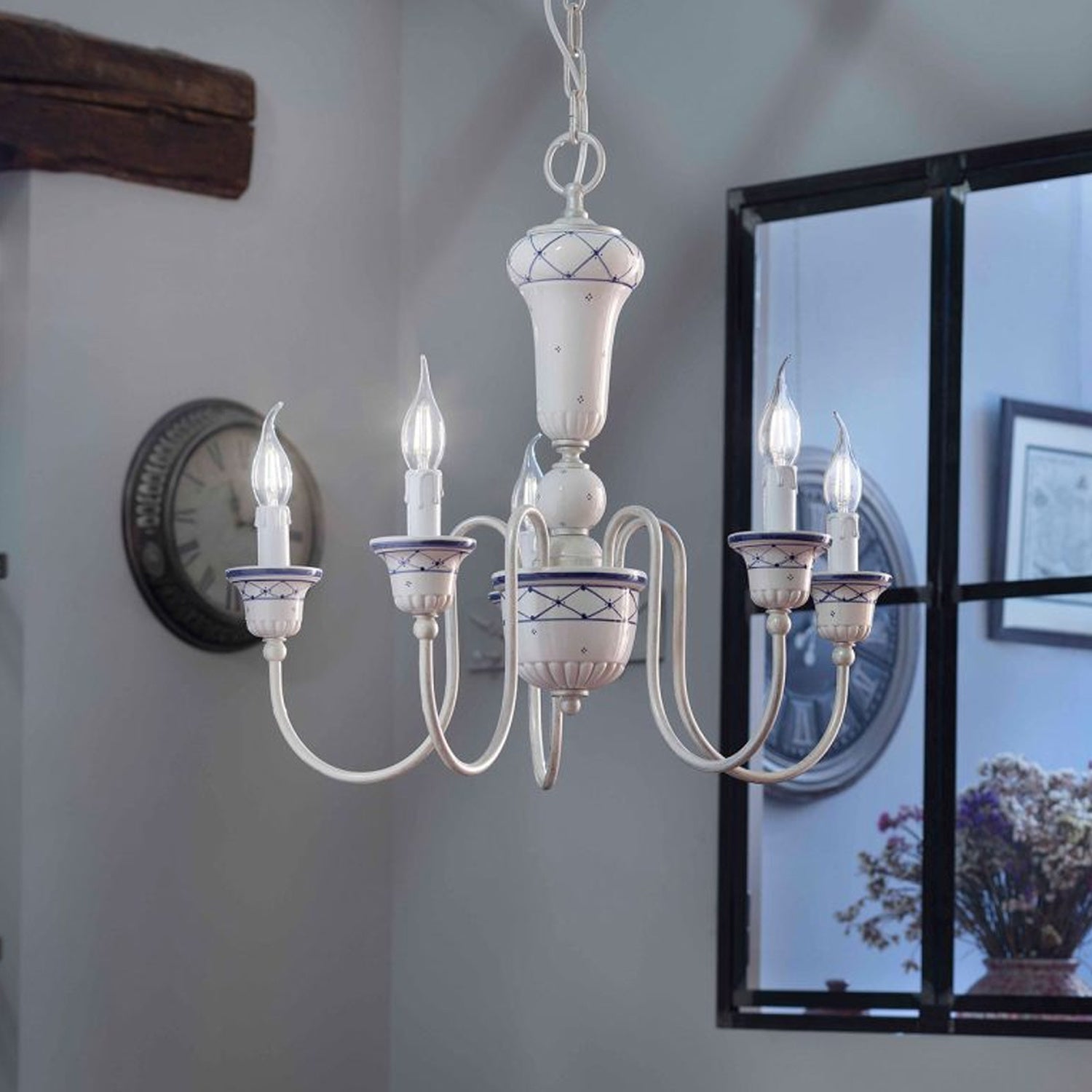 Lampadario Classico Sanremo Metallo E Ceramica Bianco Filo Blu 5 Luci E14