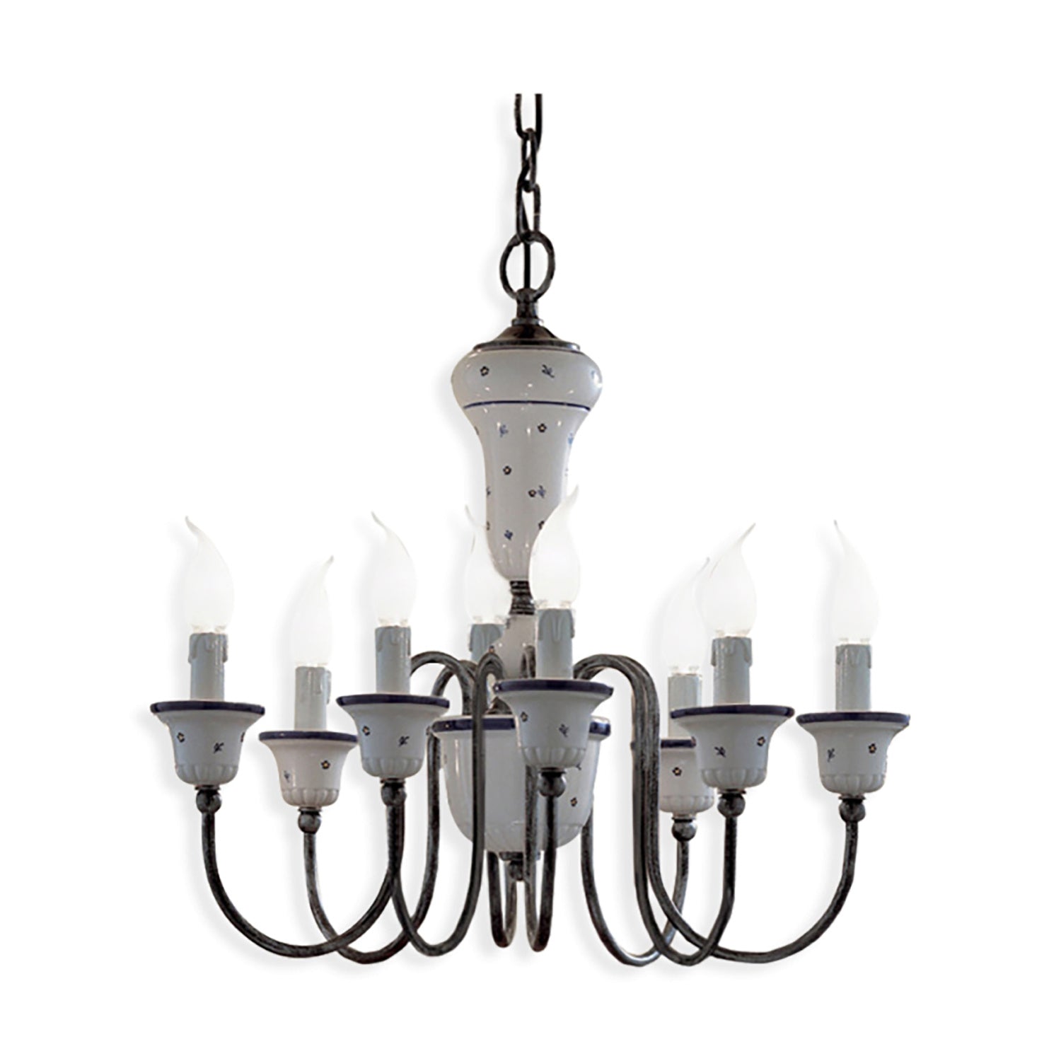 Lampadario Classico Sanremo Metallo E Ceramica Bianco Filo Blu 8 Luce E14