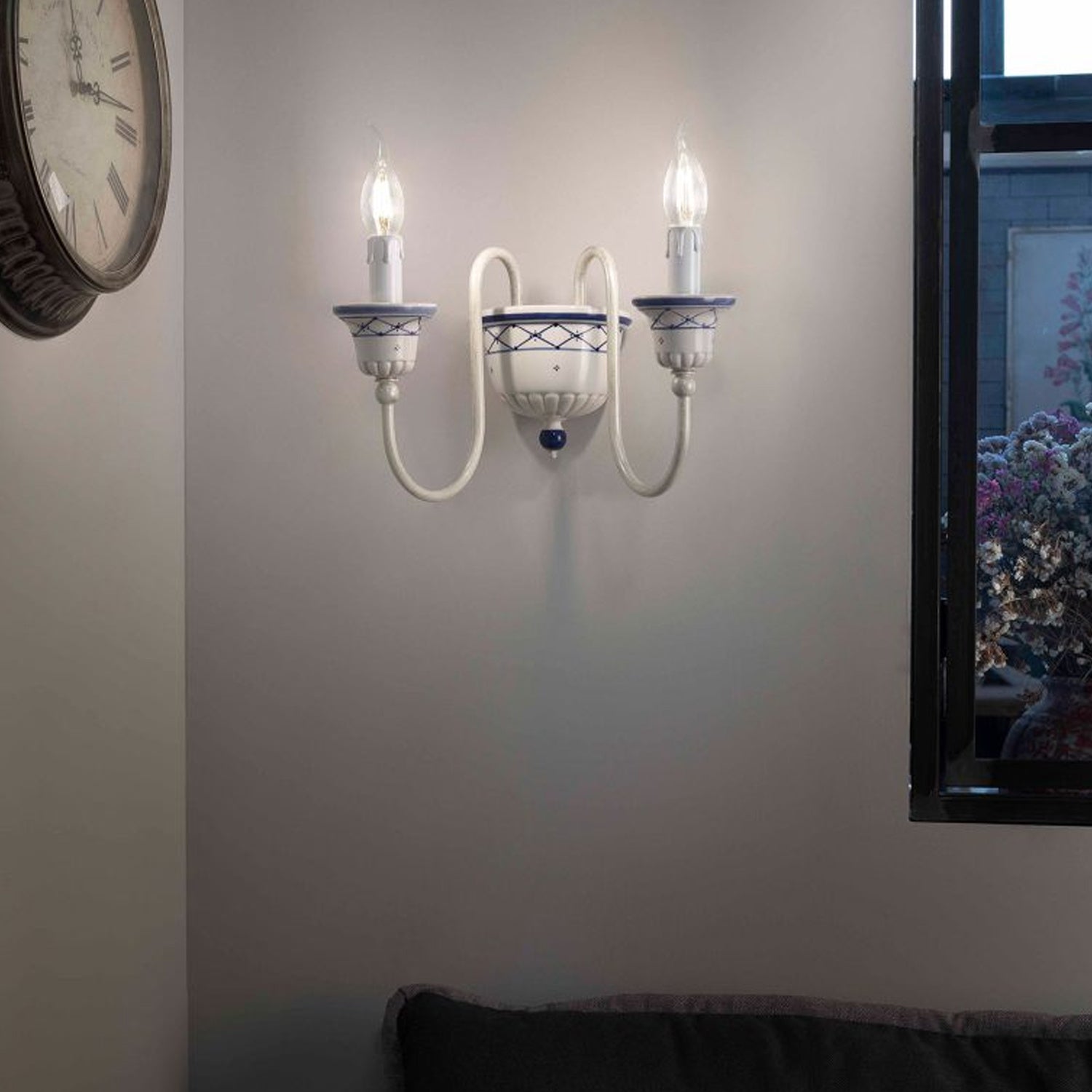 Applique Classica Sanremo Metallo E Ceramica Bianco Sfumato Argento 2 Luci E14