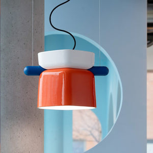 Sospensione Decò Yakitori Ceramica Bianco Arancio Volpe Metallo Blu 1 Luce E27