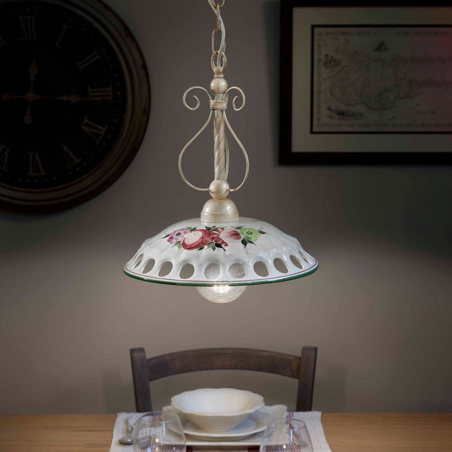 Lampadario Classico Napoli Metallo E Ceramica Bianco Sfumato Oro 1 Luce E27