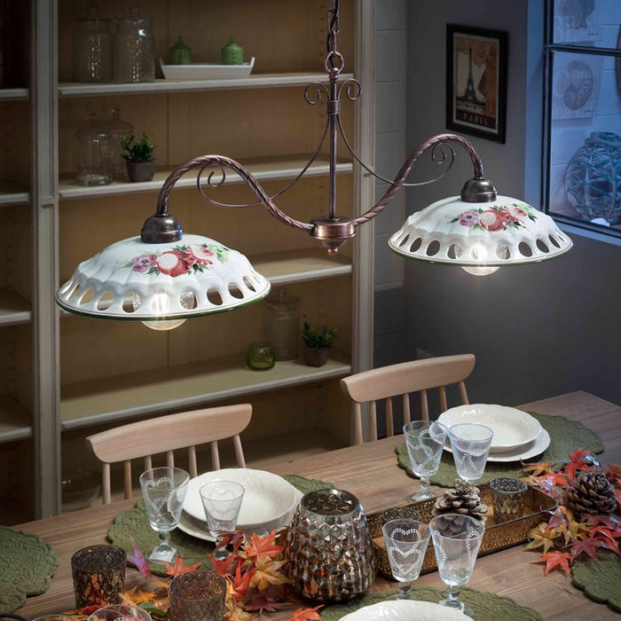 Lampadario Classico Napoli Metallo E Ceramica Bianco Sfumato Oro 2 Luci E27