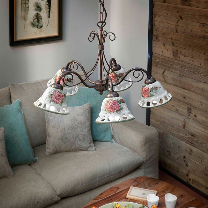 Lampadario Classico Napoli Metallo E Ceramica Nero Sfumato Rame 5 Luci E14