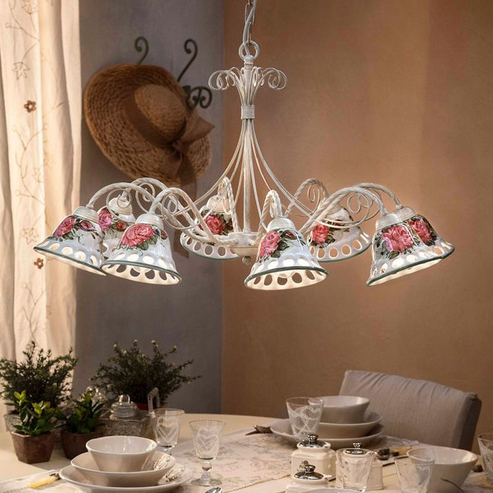 Lampadario Classico Napoli Metallo E Ceramica Bianco Sfumato Oro 8 Luce E14