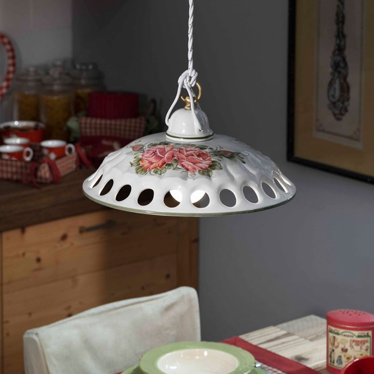 Lampadario Classico Napoli Ceramica E Ottone Satinato Decorato 1 Luce E27