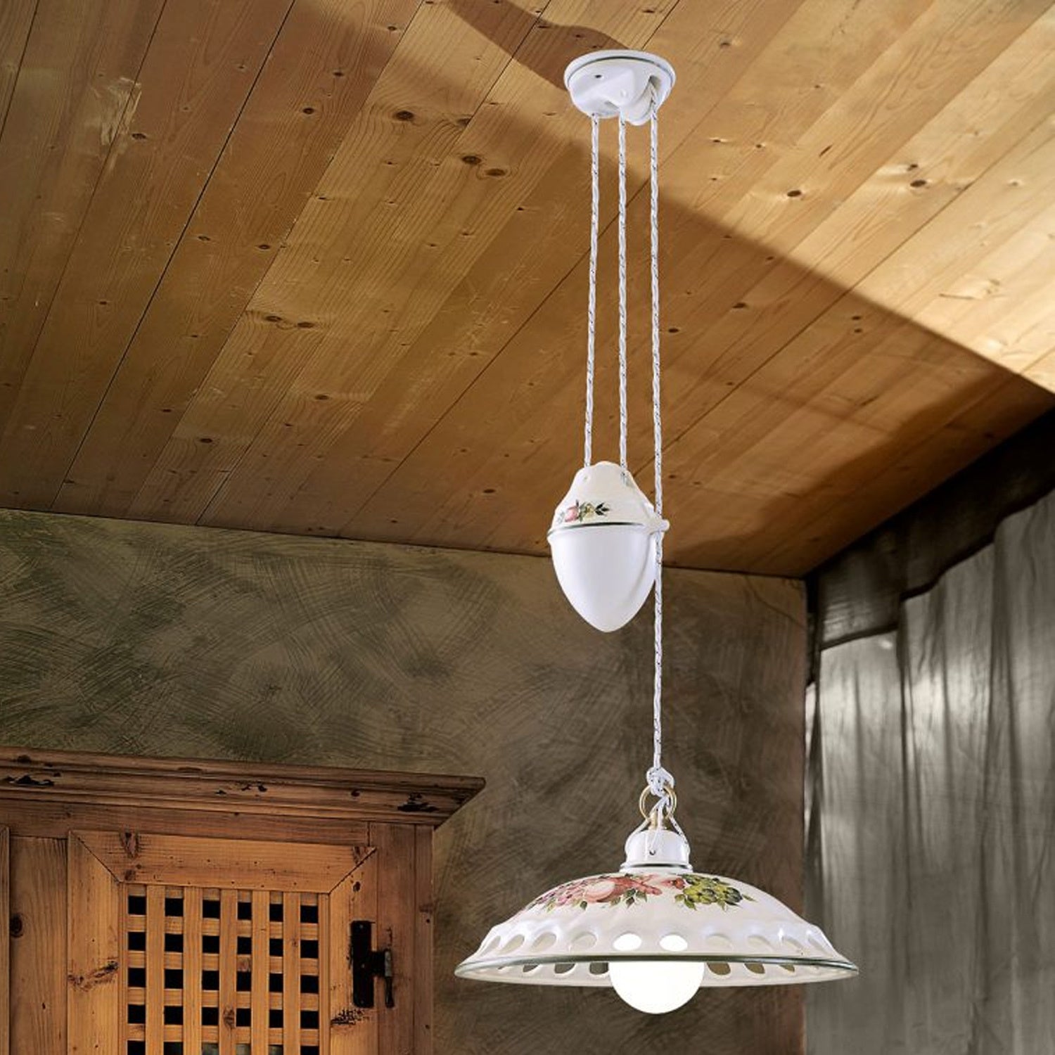 Lampadario Saliscendi Classico Napoli Ceramica E Ottone Satinato 1 Luce E27