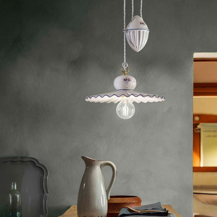 Lampadario Classico Roma Ceramica E Ottone Satinato Decorato Filo Blu 1 Luce E27