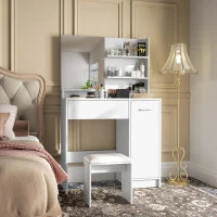 Toeletta Trucco con Specchio e Sgabello, Cassetto, Armadietto e Ripiani in Legno, Bianco