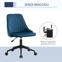 Sedia da Ufficio in Velluto Blu con Altezza Regolabile, Sedia Ergonomica Girevole a 360° e Ruote, 50x58x77-87cm