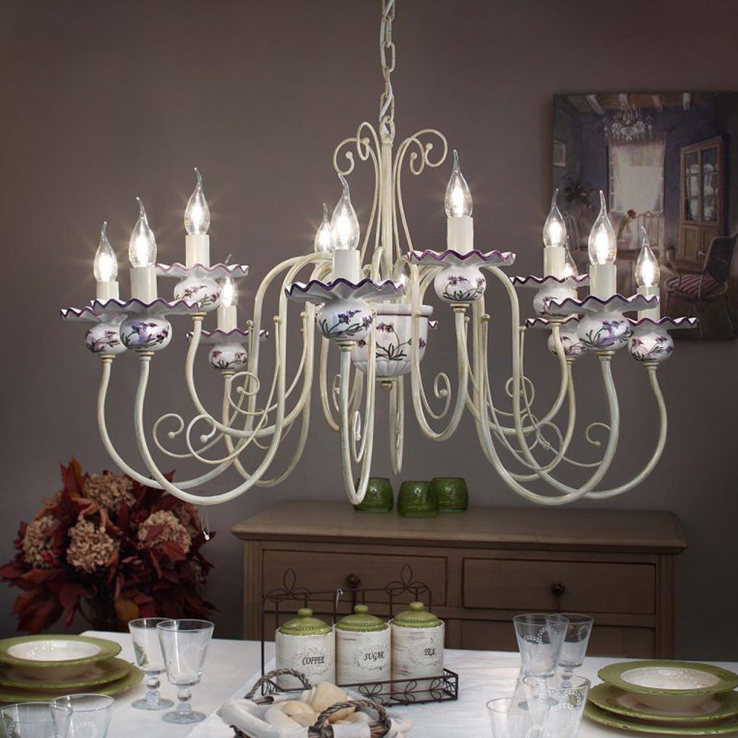 Lampadario Classico Sanremo Metallo E Ceramica Bianco Sfumato Oro 12 Luci E14