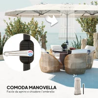 Ombrellone Doppio a 12 Stecche con Manovella, in Poliestere e Acciaio, 450x265x260 cm, Bianco Crema