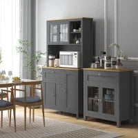 Armadio da Cucina Buffet Cucina 5 Ante di Cui 2 Vetrate e 1 Cassetto, 1 Nicchia Centrale, Altezza 180 cm, Grigio