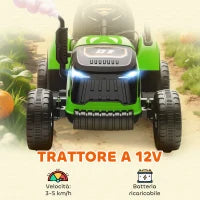 Trattore Elettrico per Bambini con Rimorchio Staccabile e Telecomando, in Plastica e Metallo, 139x58x55 cm, Verde