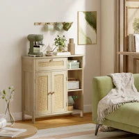 Credenza in legno con 2 porte in rattan, cassetto, nicchie aperte e mensole regolabili, 75x30x79,5cm, Legno naturale