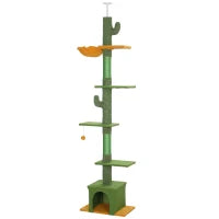 Albero Tiragraffi per Gatti, Altezza 275cm, 6 Livelli per Gatti Domestici, da Terra a Soffitto, con Piattaforme, Cuccia, Amaca, Verde