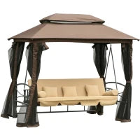 Dondolo 3 Posti da Giardino Convertibile in Lettino con Gazebo, con Zanzariera e Cuscini, 257x175x240cm Cachi