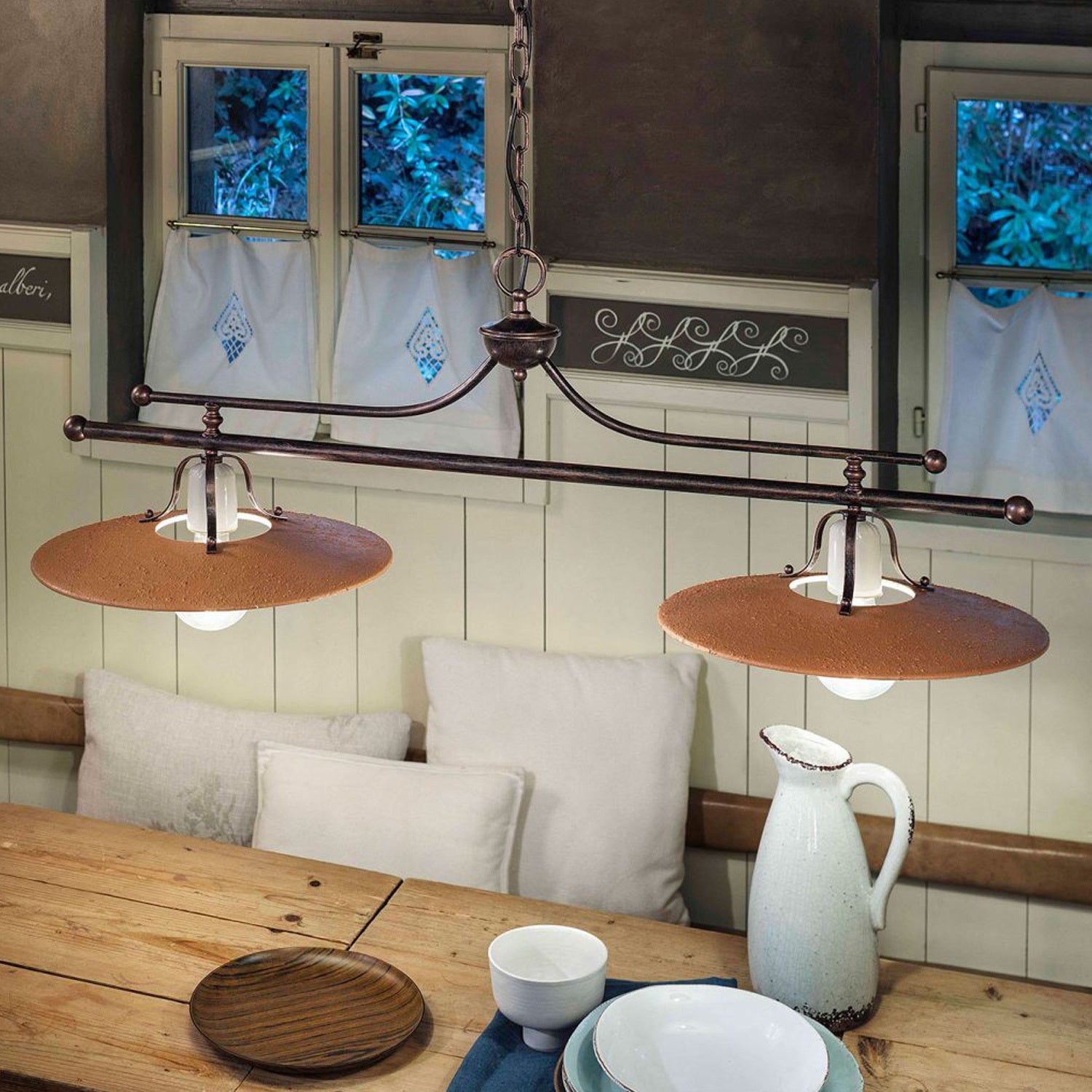 Lampadario Classico Bologna Metallo E Ceramica Nero Sfumato Rame 2 Luci E27