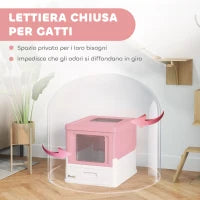 Lettiera per Gatti Chiusa in PP a 2 Porte con Paletta e Vassoio Estraibile, 47.5x35.5x36.7 cm, Rosa e Bianco