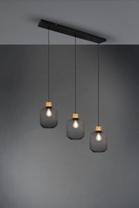 CALIMERO SOSPENSIONE BARRA 3 DIFFUSORI A RETE METALLO NERO CON PARTICOLARE IN LEGNO NATURALE L. 80CM ATTACCO E27