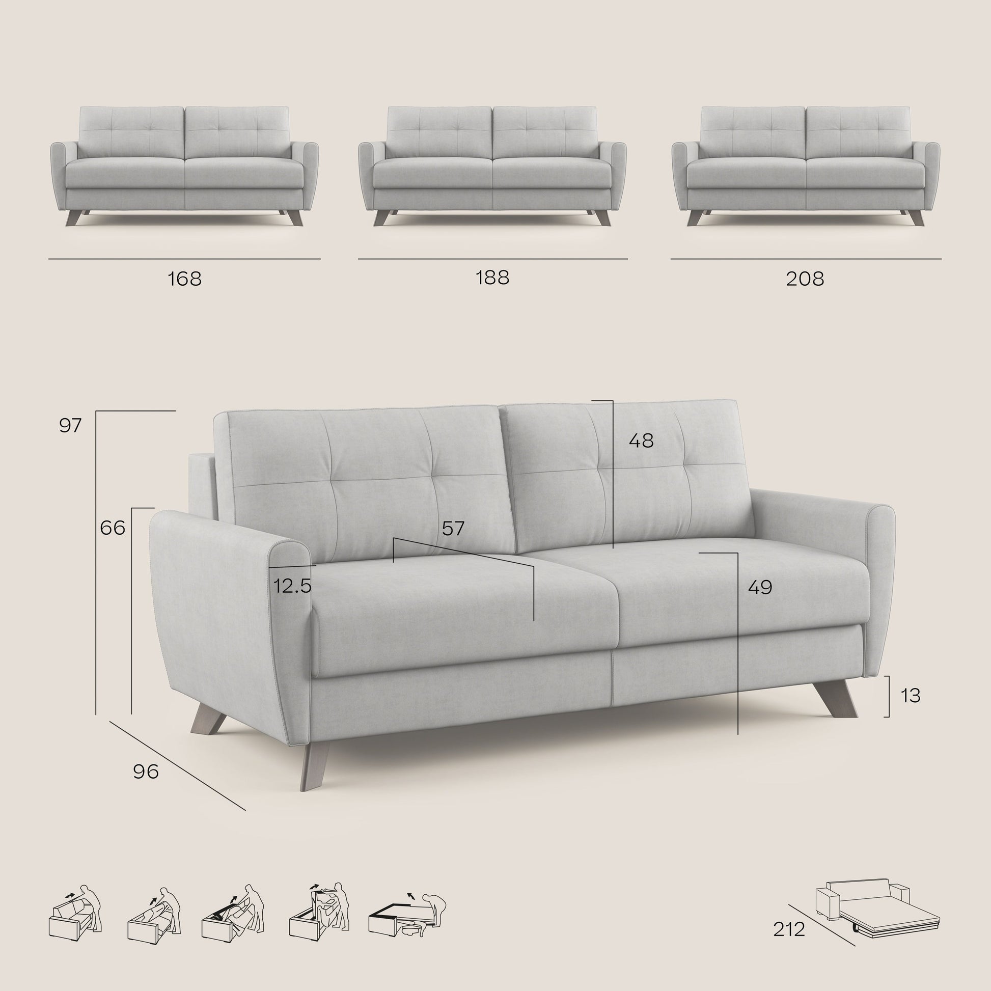 Divano Letto 2 Posti 168x97x96 cm in Tessuto Carta Da Zucchero