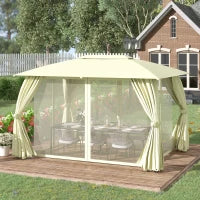 Gazebo da Giardino 4x3m con Doppio Tettuccio, Pareti in Poliestere e Struttura in Acciaio, Beige
