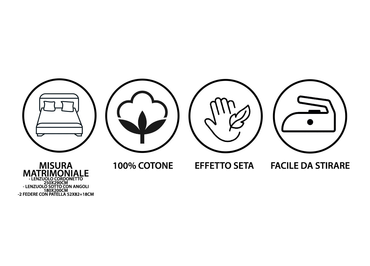 Completo Lenzuola Stiro Facile 100% Cotone Made Italy Effetto Seta Disegno Tulip - Matrimoniale - Grigio