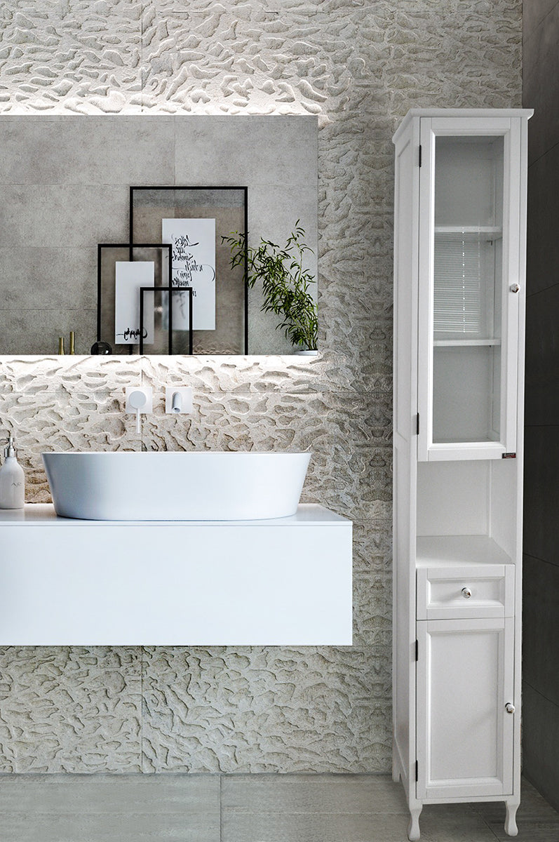 Mobile bagno a colonna in legno laccato bianco, vetrinetta mod.Vittoria CB02B