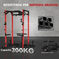 Stazione Fitness con Supporto per Bilanciere e Barra per Trazioni e Dip, in Acciaio, 191x153x205 cm, Rosso e Nero
