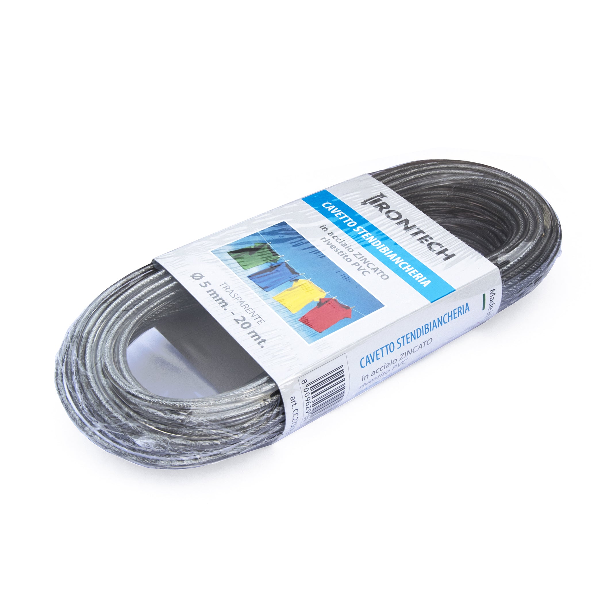 Cavo stendibiancheria Ã˜ 5 mm. in acciaio zincato rivestito PVC trasparente 20 mt.