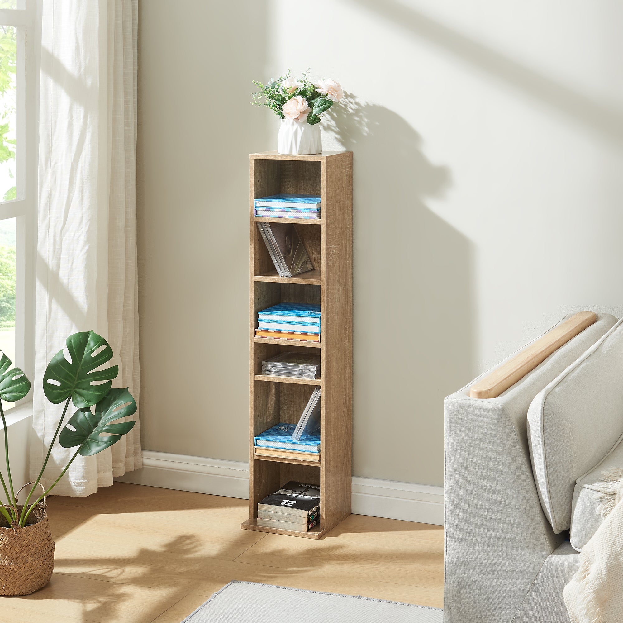 Scaffale a Colonna Tynset con 6 Scomparti per CD DVD 90x20x20 cm Effetto Rovere Sonoma [en.casa]