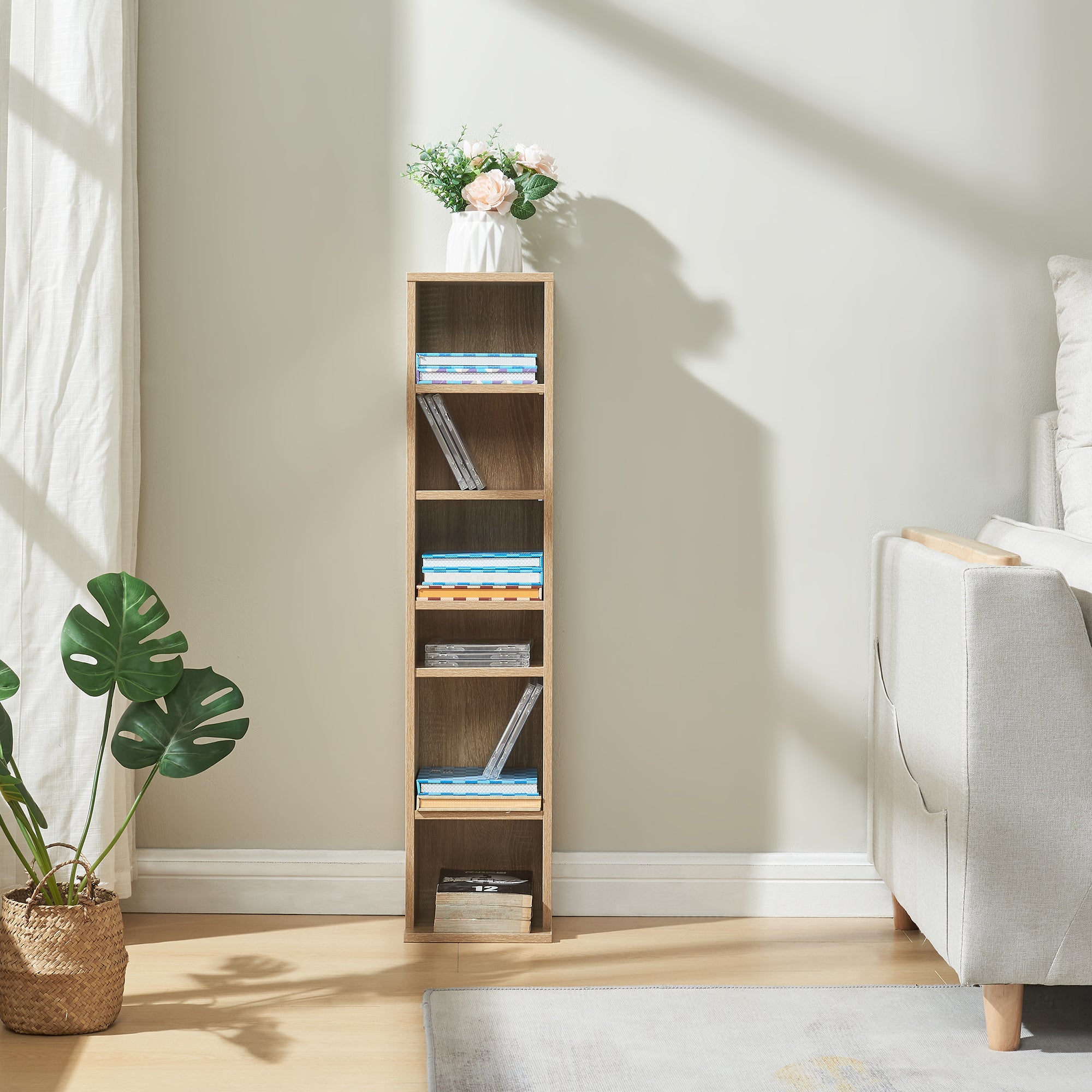 Scaffale a Colonna Tynset con 6 Scomparti per CD DVD 90x20x20 cm Effetto Rovere Sonoma [en.casa]
