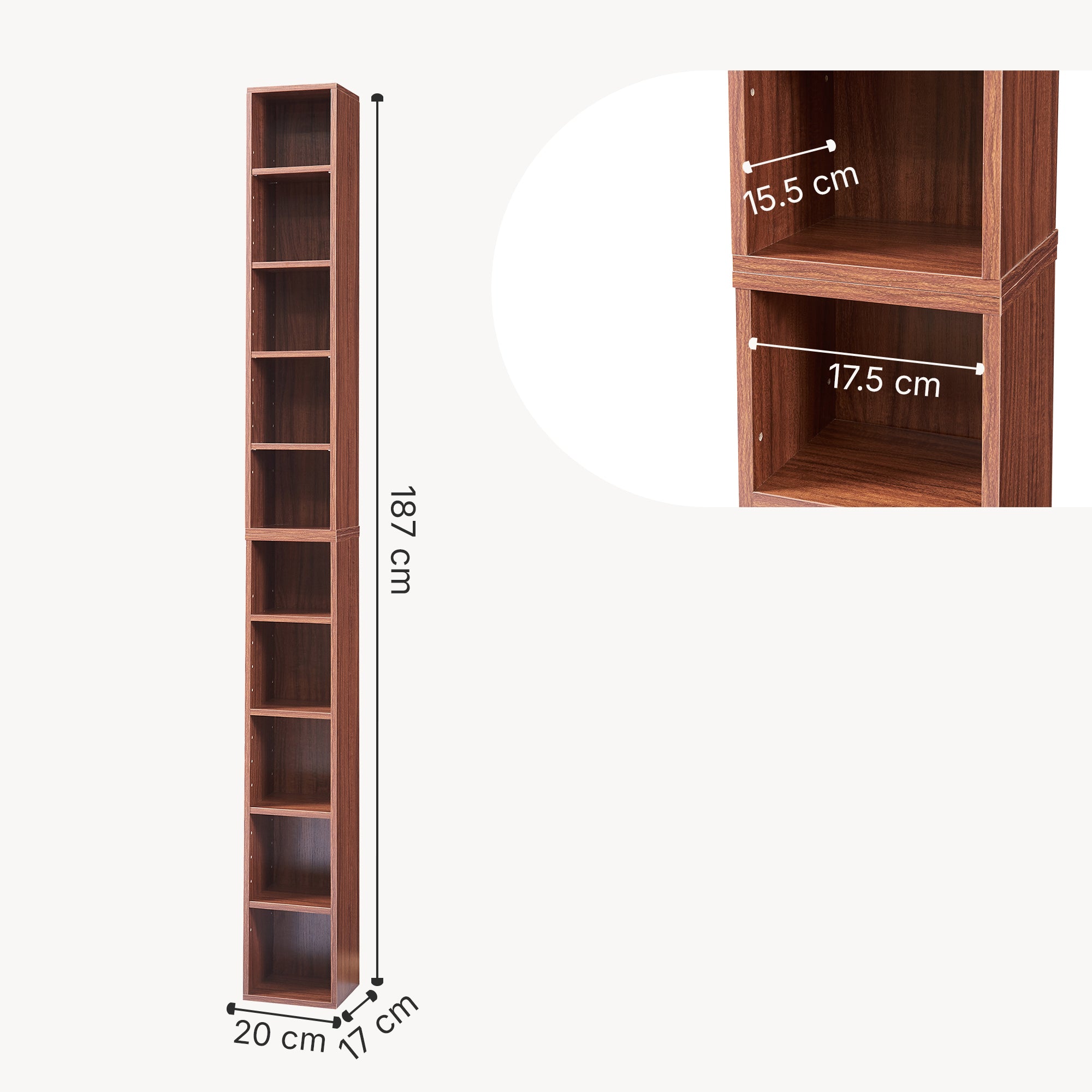 Scaffale a Colonna Tynset con 10 Scomparti per CD DVD 187x20x17 cm Effetto Noce [en.casa]