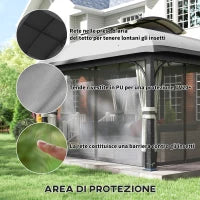 Gazebo da Giardino 4x3 m con Zanzariere e Doppio Tetto, in Metallo e Poliestere Grigio Chiaro