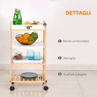 Carrello da Cucina a 4 Livelli in MDF e Legno di Pino con 4 Ruote Girevoli, 40x30x76 cm, Bianco e Marrone