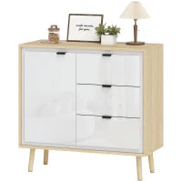 Credenza Moderna con 3 Cassetti e Armadietto, Ripiano Interno Regolabile e Ante Lucide, Bianco e Rovere