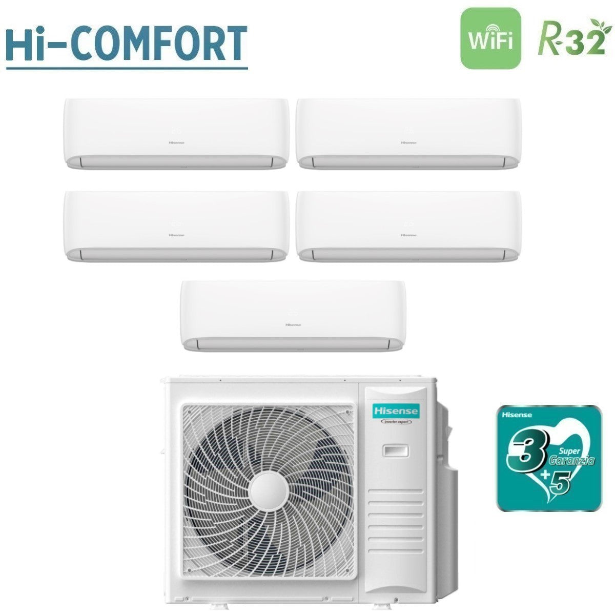 Condizionatore Penta Split Hisense Hi-Comfort 9+9+9+9+12 con 5AMW105U4RQC R-32 Wi-Fi Integrato