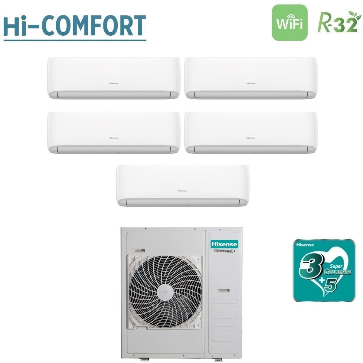 Condizionatore Penta Split Hisense Hi-Comfort 9+9+9+9+9 con 5AMW125U4RTA R-32 Wi-Fi Integrato
