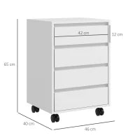 Cassettiera da Ufficio con 4 Cassetti e Ruote con Freno in Legno MDF, 46x40x65 cm, Bianco