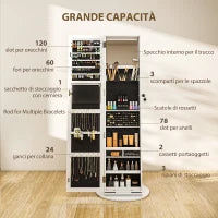 Specchio Portagioie 3 in 1 Girevole a 360°, Ripiani Posteriori e Anta con Chiave, 55x55x161 cm, Bianco