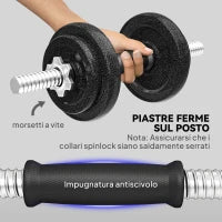 Set Pesi e Bilanciere da 20kg con Impugnature Antiscivolo, 8 Dischi Pesi, Barra Bilanciere e 2 Barre Manubri in Acciaio