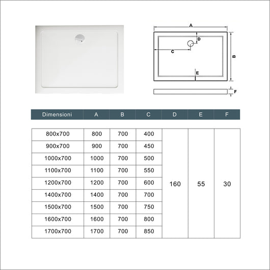 Piatto Doccia 90x70cm Bianco Spessore di 3 cm in Pietra Artificiale e Resina Minerale Mista Piletta Extra Piatta Sottile e Tubo inclusi