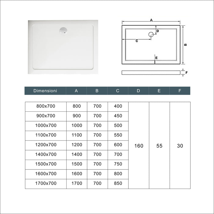 Piatto Doccia 80x70cm Bianco Spessore di 3 cm in Pietra Artificiale e Resina Minerale Mista Piletta Extra Piatta Sottile e Tubo inclusi