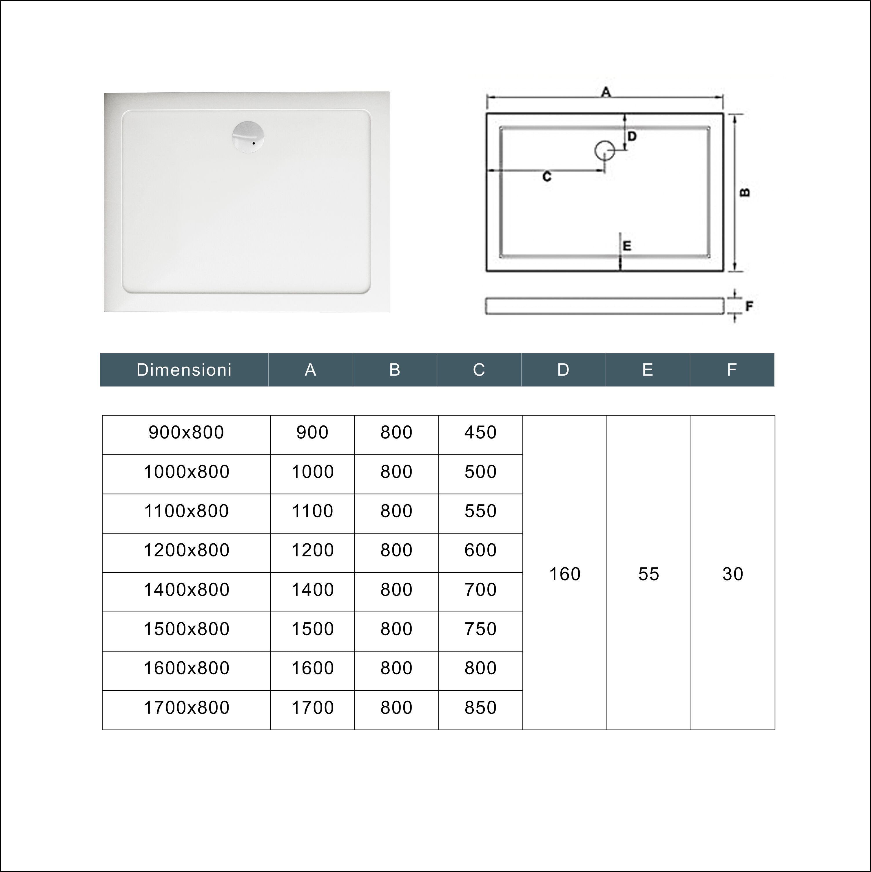 Piatto Doccia 110x80cm Bianco Spessore di 3 cm in Pietra Artificiale e Resina Minerale Mista Piletta Extra Piatta Sottile e Tubo inclusi