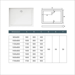 Piatto Doccia 110x80cm Bianco Spessore di 3 cm in Pietra Artificiale e Resina Minerale Mista Piletta Extra Piatta Sottile e Tubo inclusi