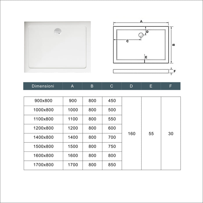 Piatto Doccia 110x80cm Bianco Spessore di 3 cm in Pietra Artificiale e Resina Minerale Mista Piletta Extra Piatta Sottile e Tubo inclusi